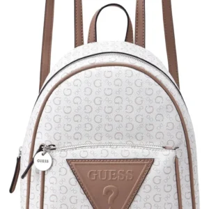 Mochila Guess Icono Urbano mini color blanco y marrón con logo estampado y detalles plateados, ideal para outfits casuales y elegantes.