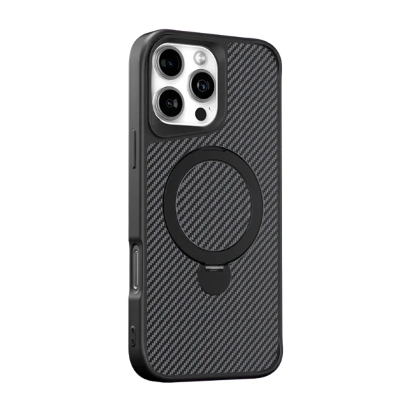 Funda magnética para iPhone 15 Pro Max con diseño de fibra de carbono y anillo soporte. Elegante, resistente y funcional.