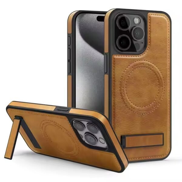 Funda magnética de cuero PU para iPhone 15 y 16 Pro Max con soporte plegable y protección de lente integrada.