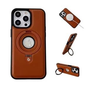 Funda magnética de cuero PU con anillo giratorio 360° para iPhone 15 Pro Max y 16 Pro Max, color oscuro y diseño resistente a caídas.
