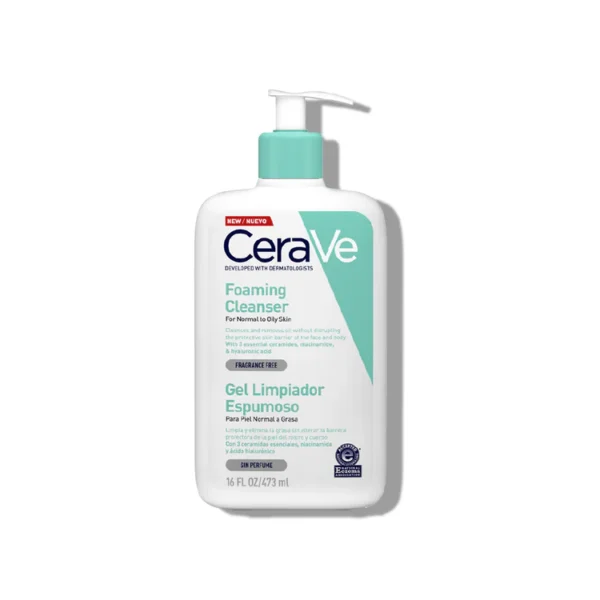 CeraVe Gel Limpiador Espumoso 473 ml, ideal para piel grasa o mixta. Limpieza facial con niacinamida, ácido hialurónico y ceramidas.