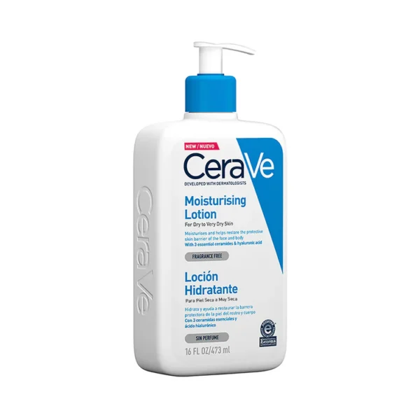 Loción hidratante CeraVe 473 ml para rostro y cuerpo, fórmula ligera con ácido hialurónico y ceramidas, ideal para piel seca o sensible.