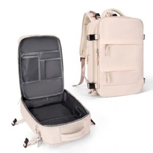 Mochila viajera impermeable con cierre antirrobo y puerto USB integrada, disponible en varios colores.