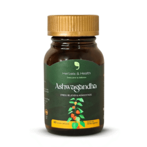 Frasco de cápsulas veganas de Ashwagandha Herbal & Health con 60 unidades, fondo neutro y diseño natural.