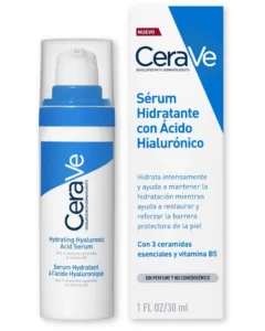 Frasco de CeraVe Sérum Hidratante con Ácido Hialurónico, 30ml, para rostro y cuello. Hidratante diario para piel seca o deshidratada.