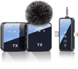 Micrófono inalámbrico portátil con receptor Tipo C y Lightning, transmisión estable 2.4GHz y batería de 12 horas.
