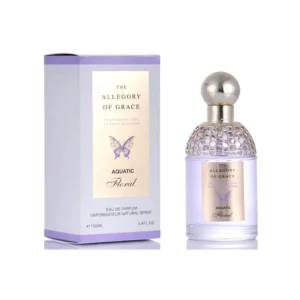 Botella elegante con fragancia floral femenina de melón, violeta y almizcle blanco.