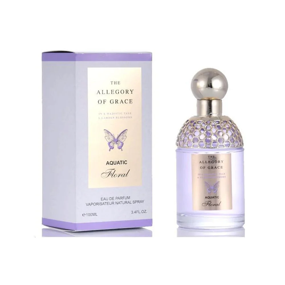 Botella elegante con fragancia floral femenina de melón, violeta y almizcle blanco.