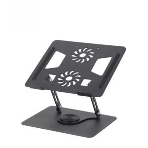 Soporte de aluminio giratorio 360° para portátil con doble ventilador de enfriamiento, plegable y ajustable, compatible hasta 17,3 pulgadas.