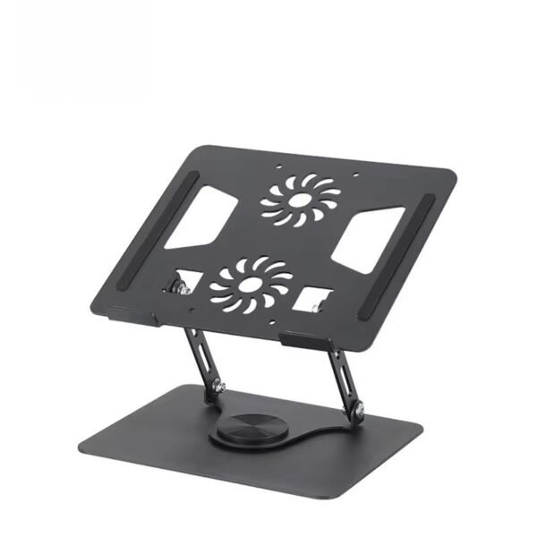 Soporte de aluminio giratorio 360° para portátil con doble ventilador de enfriamiento, plegable y ajustable, compatible hasta 17,3 pulgadas.