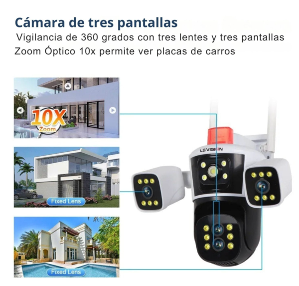 Camara Ip Wifi PTZ Triple Lente Regulable 360 Zoom Óptico 10x - Imagen 2